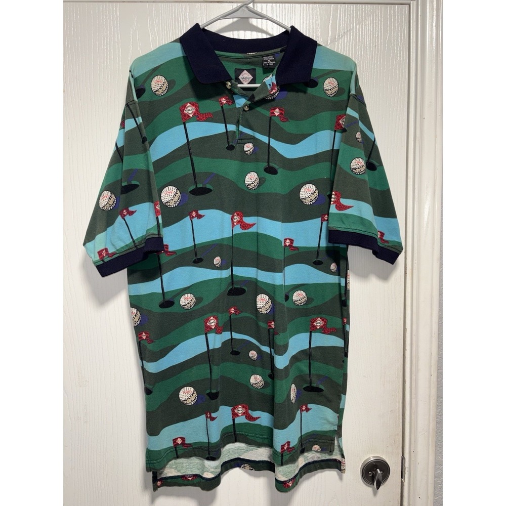 Vintage 90s Tabasco Polo Shirt Mens XL Golf‎ All Over Print Green Novelty Course